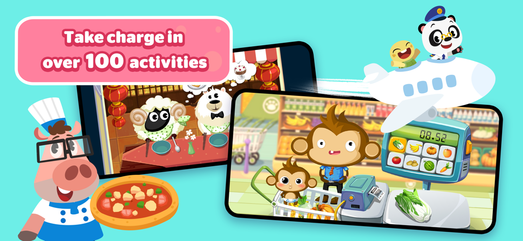 Dr. Panda Classics - Dr Panda characters engaging in different mini games like a supermarket and restaurant