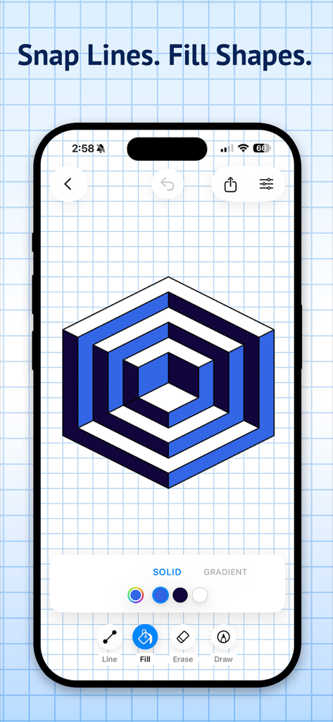 Un dibujo geométrico hexagonal 3D sobre papel cuadriculado azul dentro de la aplicación
