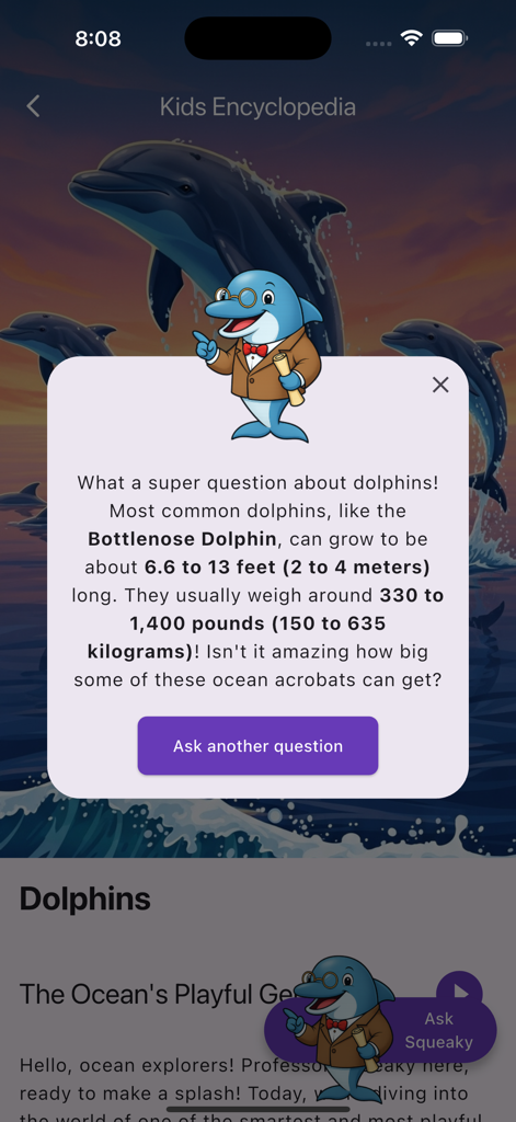 Fatti educativi sui delfini nell'app Kids Encyclopedia with AI.