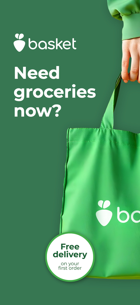 Tela promocional do aplicativo Basket com uma mão segurando uma sacola de compras reutilizável verde com um círculo de oferta de entrega gratuita.