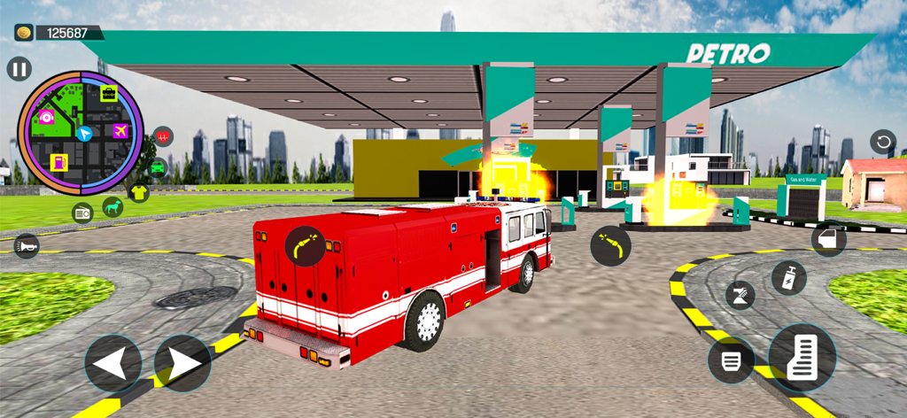 Gangster Game City Crime Sim - Un camión de bomberos rojo en una gasolinera durante el modo de brigada de bomberos en el Gangster Game City Crime Sim