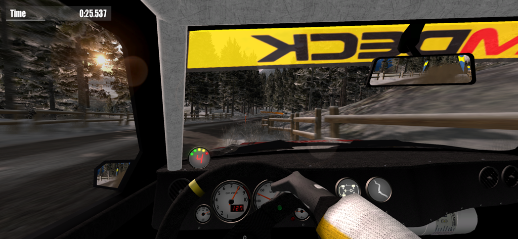 Rush Rally 3 - Interior cockpit view of a rally car racing on a snowy track