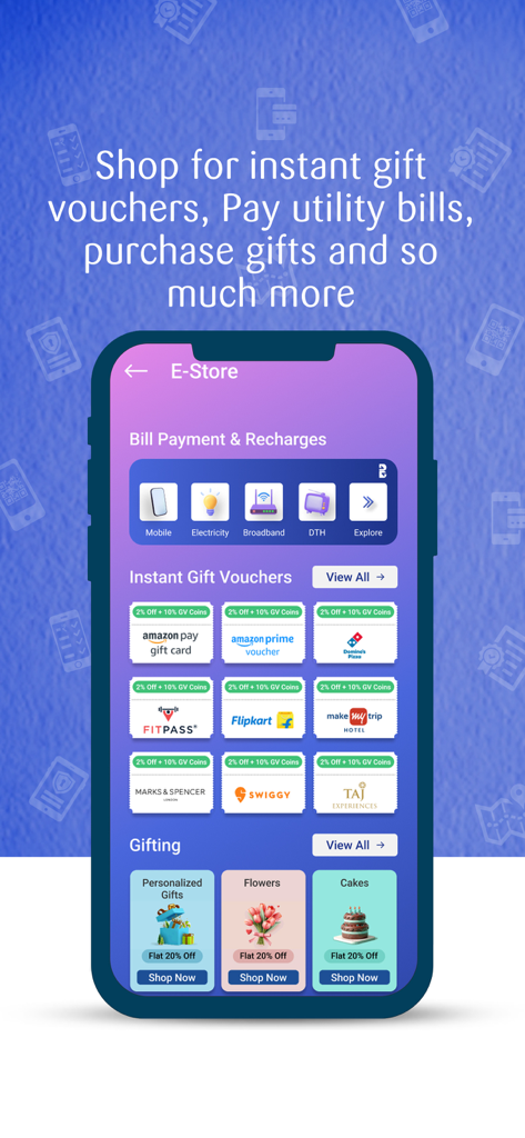 Pantalla de la tienda electrónica de la aplicación SBI Card que muestra opciones de pago de facturas y vales de regalo instantáneos