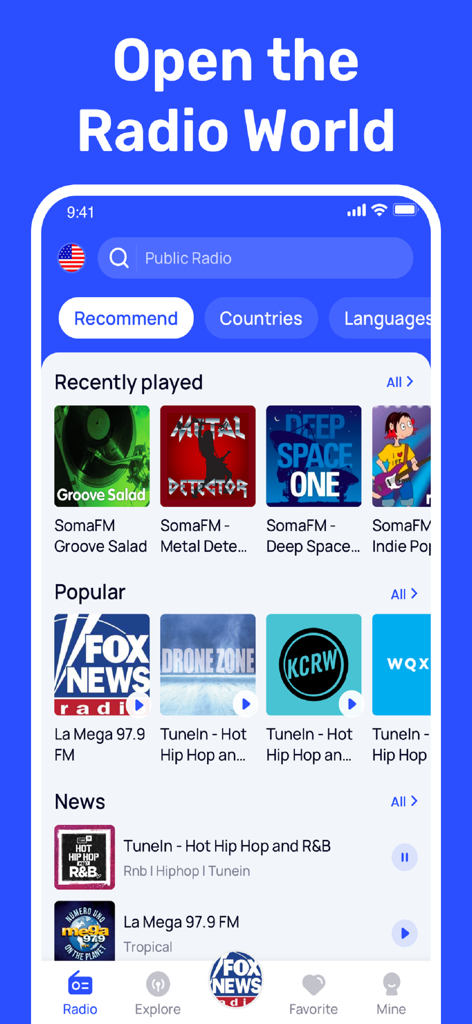 FM Radio - Local Radio - FM Radio app interface showing popular local and global radio stations.