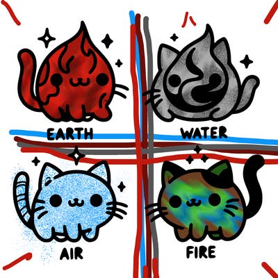 4 cats that represent the different elements, earth, water, air, and fire