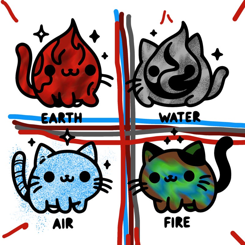 4 cats that represent the different elements, earth, water, air, and fire