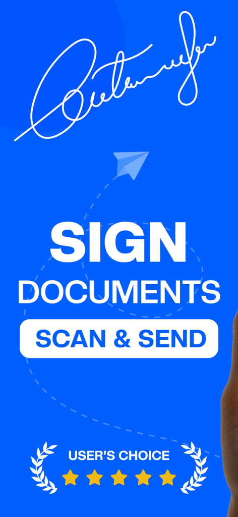 Fill & Sign Documents PDF Scan - Werbebildschirm für die Fill and Sign Documents App, der die Funktionen zum Signieren und Scannen von Dokumenten mit einer Fünf-Sterne-Bewertung zeigt