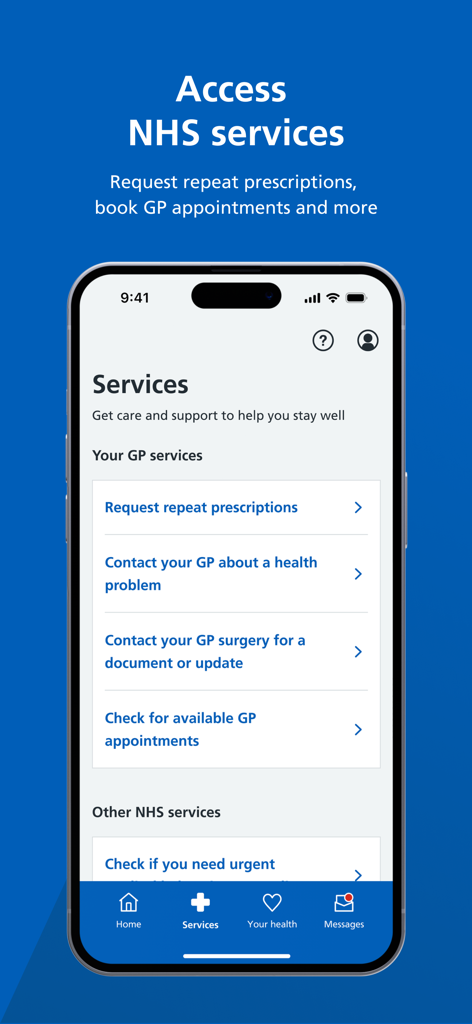 NHS App - Interfaz de la aplicación NHS que muestra varios servicios de médico de cabecera, incluyendo recetas repetidas y reserva de citas