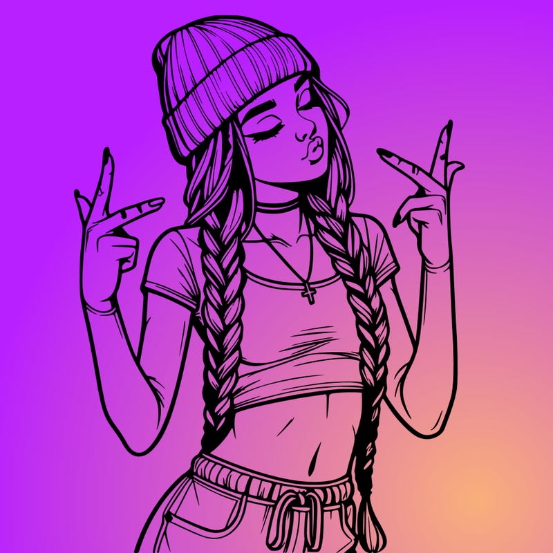 realistic teenage girl with braids and a beanie and crop top doing 🫶🏼