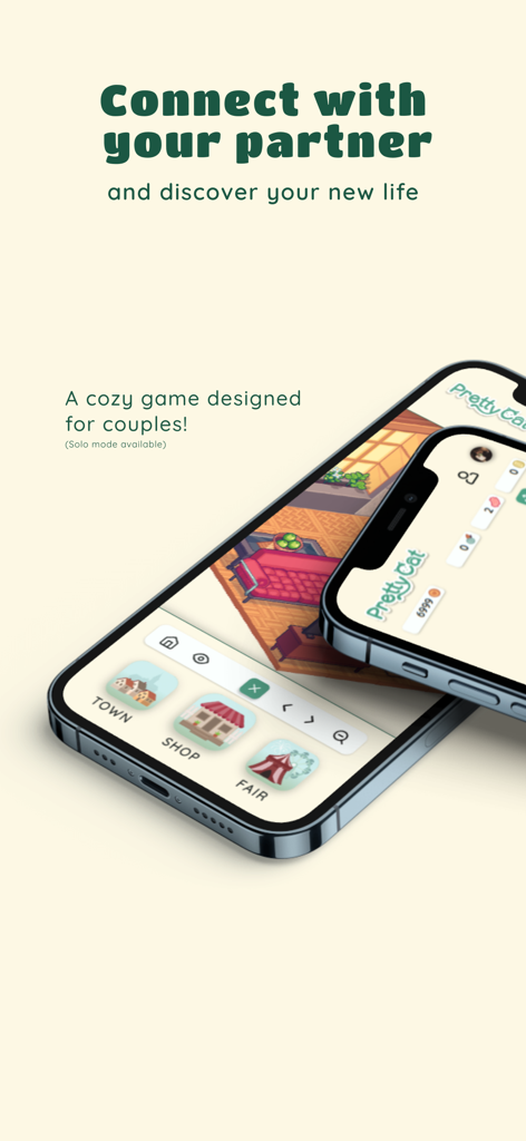 PrettyCat: couple game - PrettyCat mobile app screens showing a cozy virtual home and pet management gameplay for couples