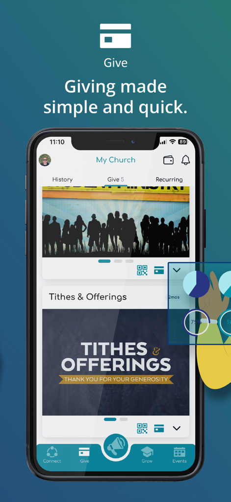 Avance - Mobile interface of the Avance app showing the Tithes and Offerings donation page.