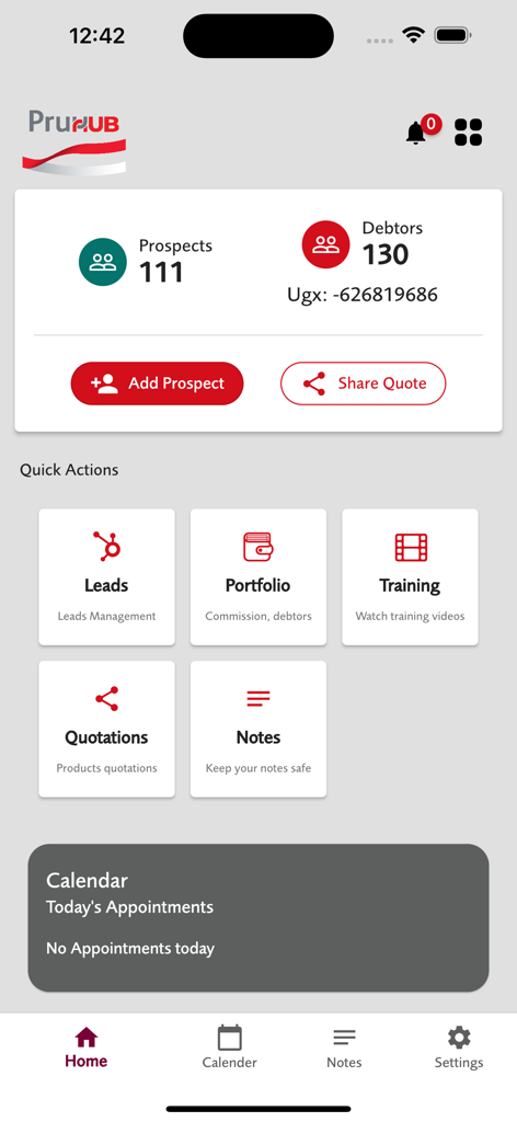 PruHub - Mobile dashboard for insurance agents showing prospect counts, sales tools, and appointment calendar.