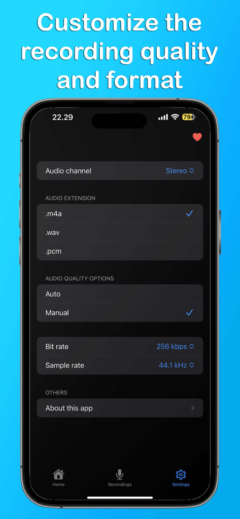 Interface of the Music Recorder app showing options to customize audio format bit rate and sample rate