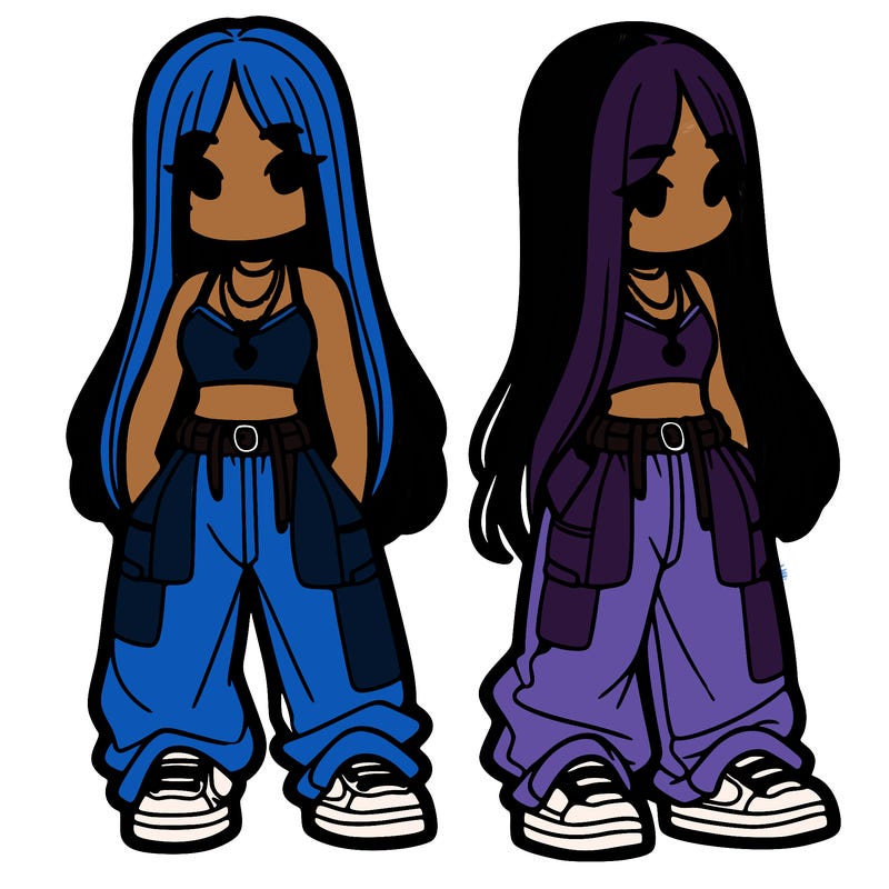 girl in baggy pants crop top and long hair