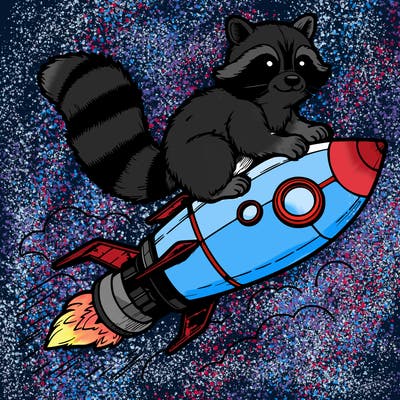 realistic raccoon flying on top rocket ship