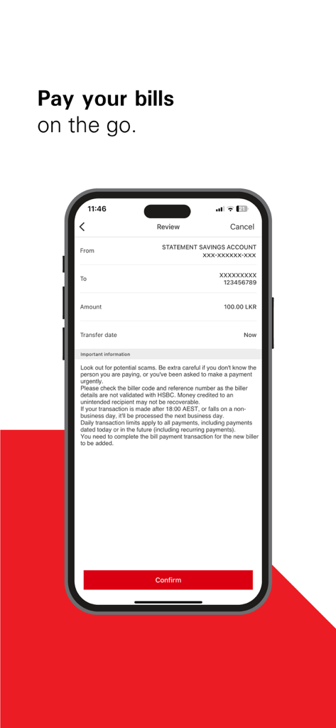 HSBC Sri Lanka - Interfaz de la aplicación móvil de HSBC Sri Lanka que muestra una pantalla de revisión de pago de facturas para una transferencia en moneda local