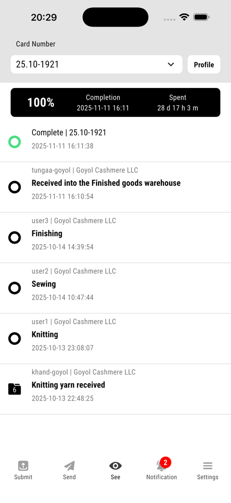 Obortech Smart Hub Mobile App-Oberfläche, die den Produktionsverfolgungszeitplan und den Abschlussstatus eines Fertigungs-Workflows anzeigt