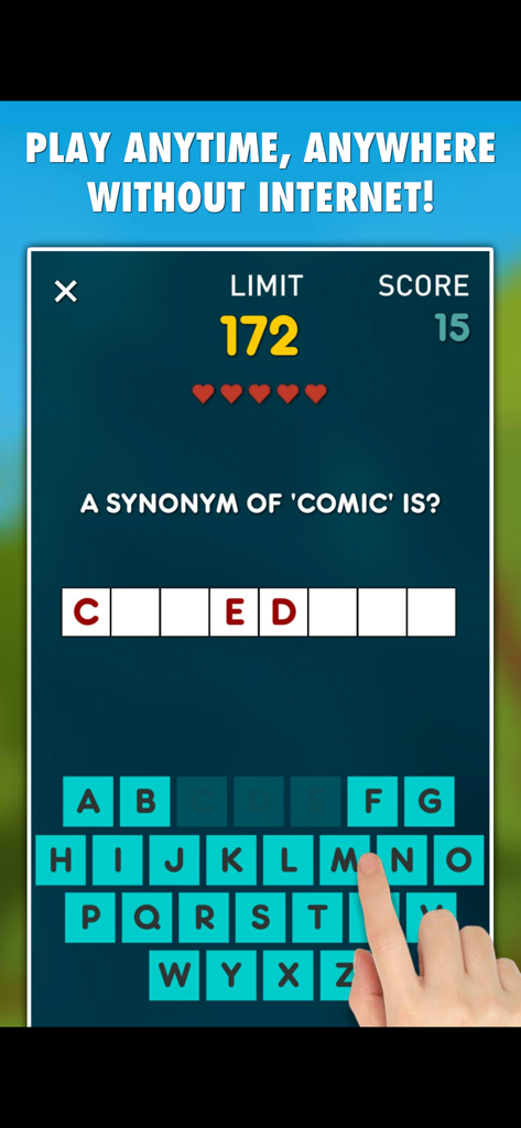 Interface of Synonyms PRO app showing a hangman-style word guessing game to find a synonym for the word comic