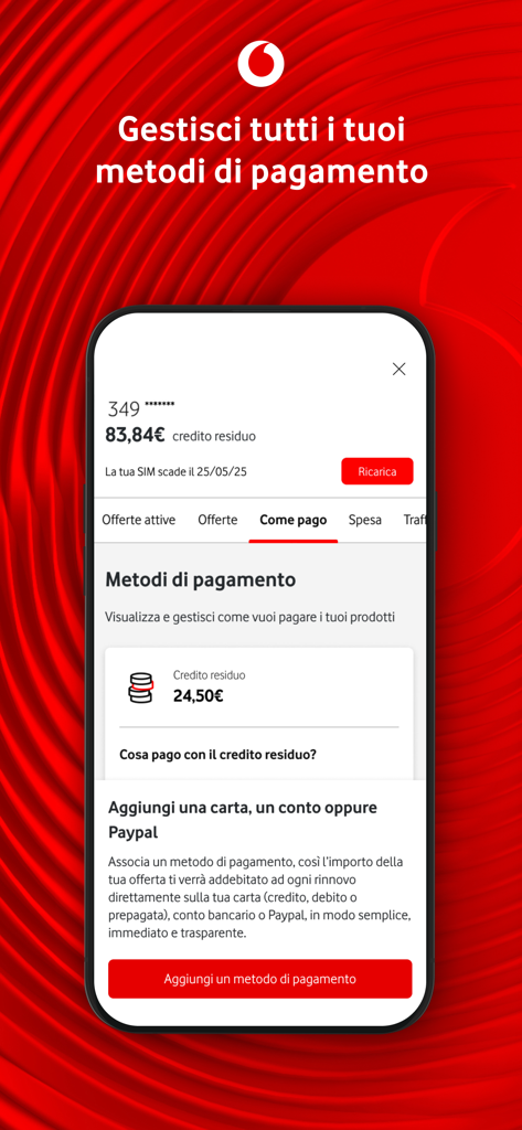 Tela do aplicativo móvel mostrando o gerenciamento de métodos de pagamento e o saldo de crédito na Minha Vodafone Itália