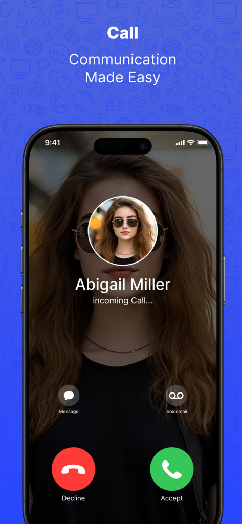 Schermata chiamata in arrivo che mostra il nome del contatto Abigail Miller con le opzioni di accettazione e rifiuto nell'app Who Called Plus