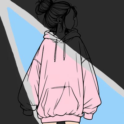 realistic girl with a oversized sweatshirt on and a bun