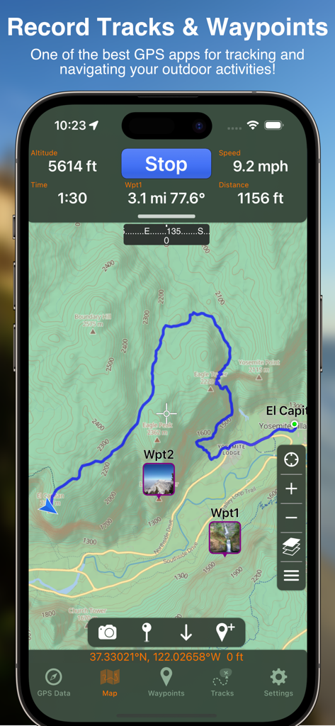 Interfaz de la aplicación GPS Tracks mostrando un mapa topográfico con una ruta azul y waypoints personalizados.