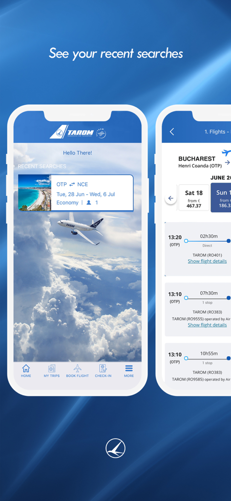 Interfaccia dell'app mobile per la compagnia aerea TAROM che mostra la cronologia delle ricerche voli e le opzioni di prenotazione