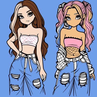 2 girls in crop tops and baggy jeans ripped