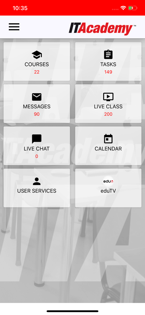 ITAcademy DLS - Main dashboard screen of the ITAcademy DLS mobile app showing icons for courses tasks and live classes