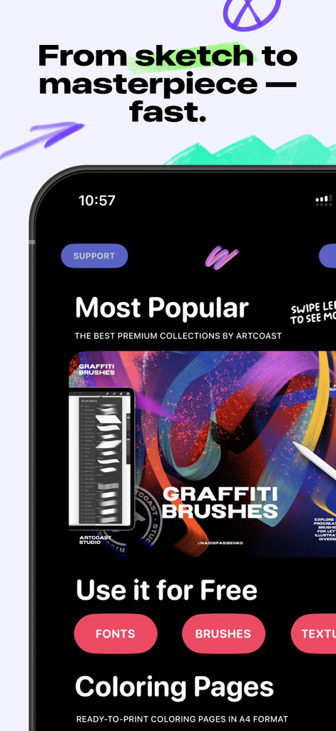 Screenshot of Art Brushes for iPad app showing most popular graffiti brushes and creative assets