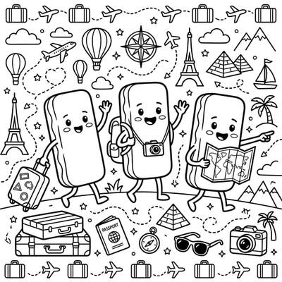 Join our delightful maple bar friends on an exciting global adventure, surrounded by iconic travel symbols. This charming coloring page is perfect for sparking creativity and sweet wanderlust.