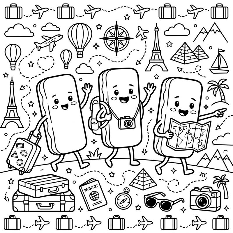 Join our delightful maple bar friends on an exciting global adventure, surrounded by iconic travel symbols. This charming coloring page is perfect for sparking creativity and sweet wanderlust.