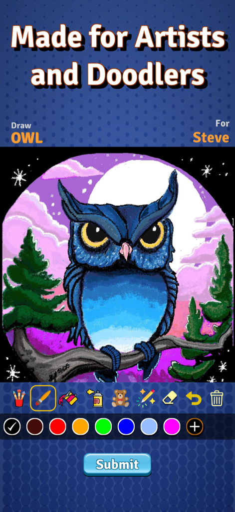 Detailed blue owl drawing in the Draw With Buddies Multiplayer game interface with drawing tools and a submit button