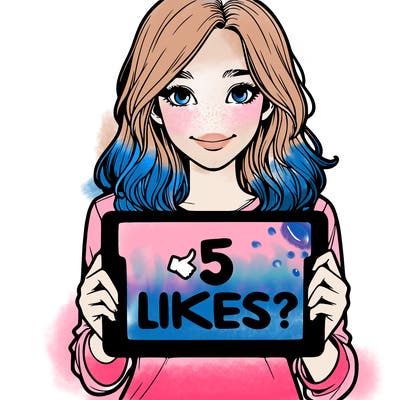 a realistic girl holding a sign saying 5 likes?