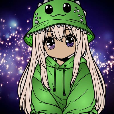 girl with anime shaped eyes with a dinosaur bucket hat oversized sweatshirt long straight hair