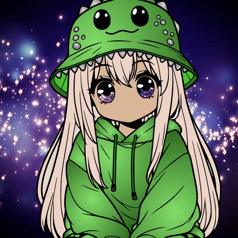 girl with anime shaped eyes with a dinosaur bucket hat oversized sweatshirt long straight hair