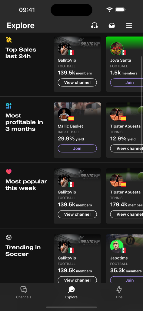 Explore screen of Tipster Chat app showing top selling and most profitable sports betting tipsters across football basketball and tennis
