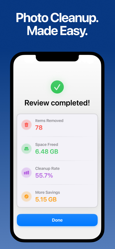 Swipe Photo Cleaner Organizer - Review completed screen showing photo cleanup statistics including items removed and total space freed.