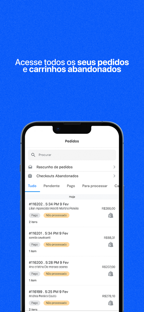 Cartpanda - Uno schermo di smartphone che mostra l'interfaccia di gestione ordini dell'app Cartpanda con un elenco di transazioni recenti e stati di pagamento.
