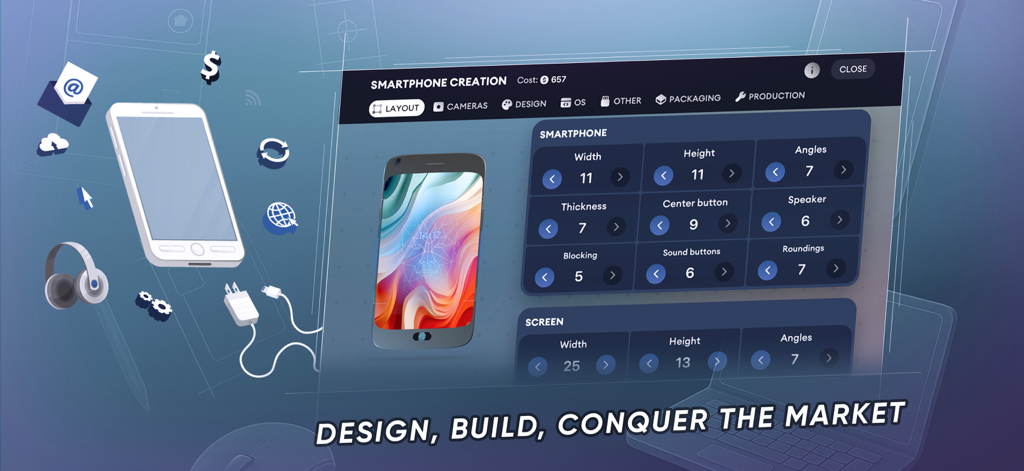 Smartphone creation menu in Devices Tycoon Simulator game showing hardware customization options