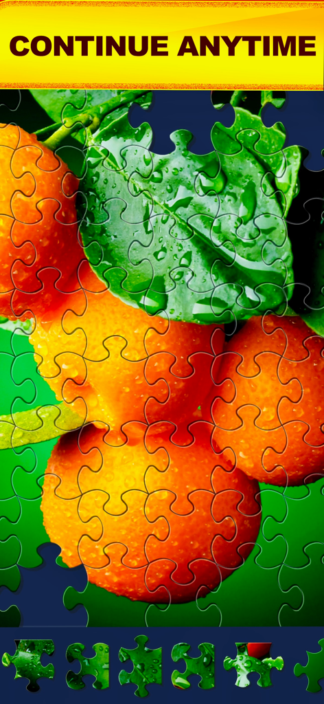 A jigsaw puzzle of fresh oranges with a banner that says continue anytime.