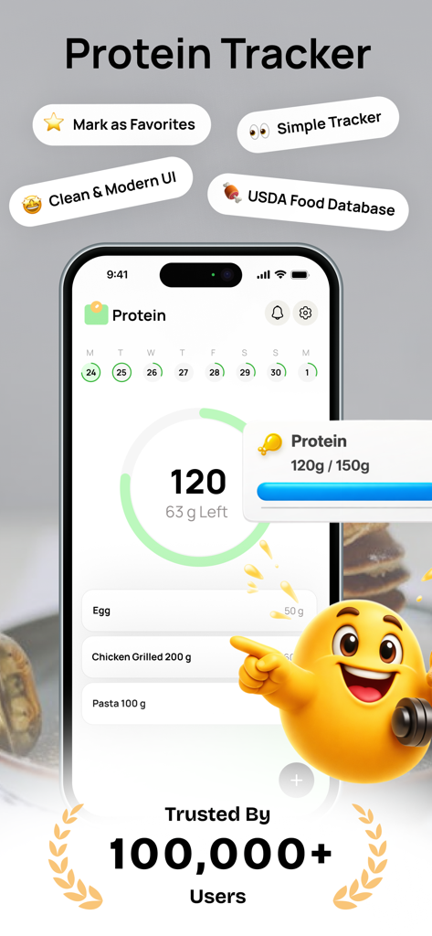 Protein Tracker app dashboard showing daily protein intake progress and food logging interface