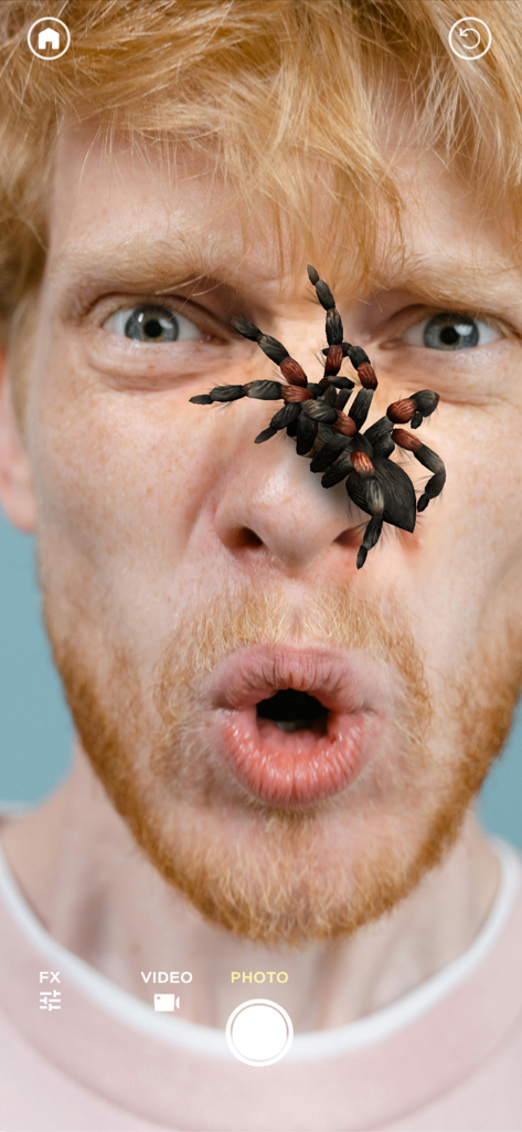 Ein Mann mit geschocktem Gesichtsausdruck, der die AR-Spinnen-Streiche-App mit einer Vogelspinne auf seiner Nase benutzt