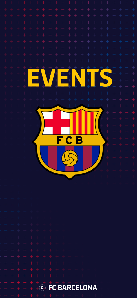 FC Barcelona Events App - Pantalla de bienvenida de la aplicación de eventos del FC Barcelona con el escudo del club y la palabra eventos sobre un fondo azul