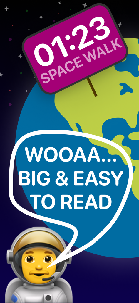 Interval Timer Plus - Écran Interval Timer Plus montrant de grandes polices faciles à lire avec un thème d'astronaute