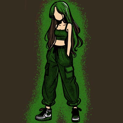 girl in baggy pants crop top and long hair