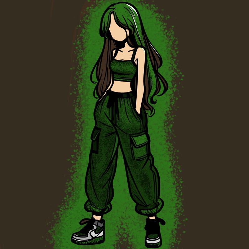 girl in baggy pants crop top and long hair