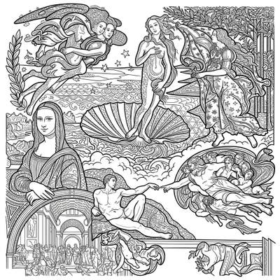 Experience the grandeur of Renaissance art fused with the meditative beauty of Zentangle patterns. This unique coloring page brings iconic masterpieces to life with intricate details, offering a relaxing and creative journey.