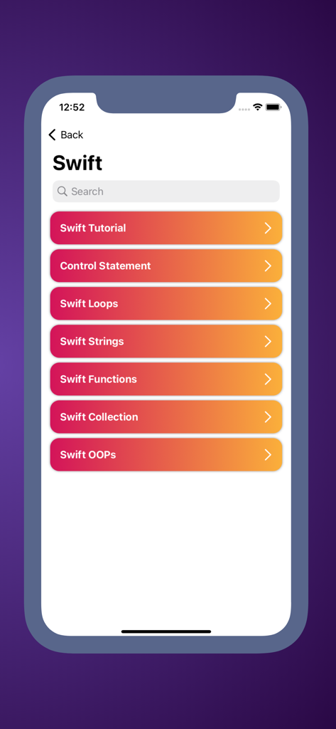 List of Swift programming tutorial topics in the CodeHub app