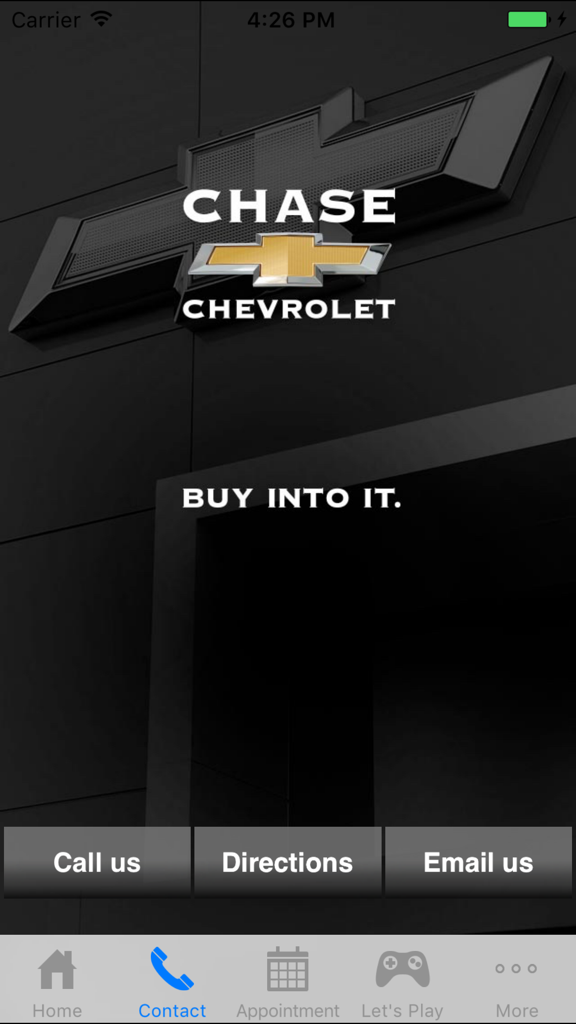 The contact screen of the Chase Chevrolet mobile app with options to call directions and email